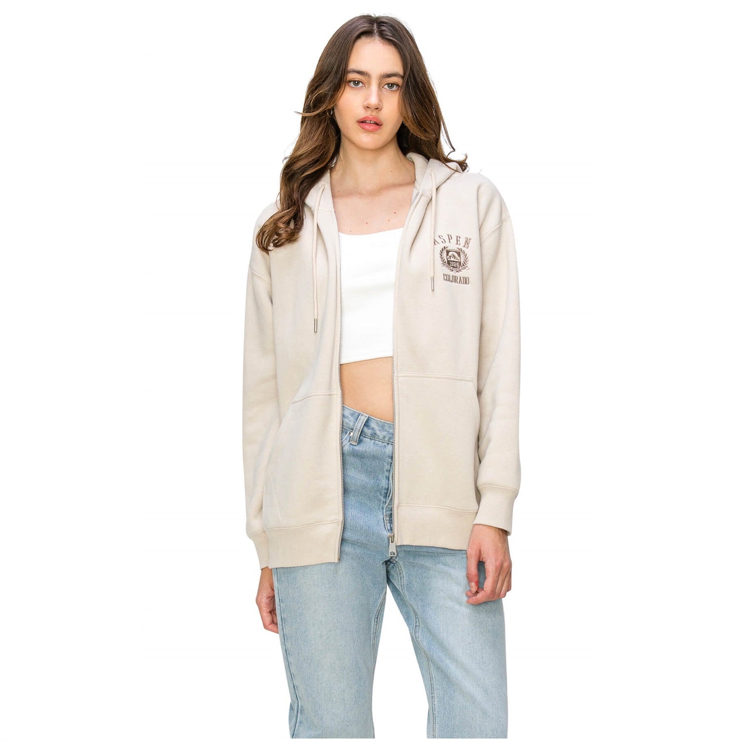 Aspen Back Embo Zip Up Hoodie - Cream