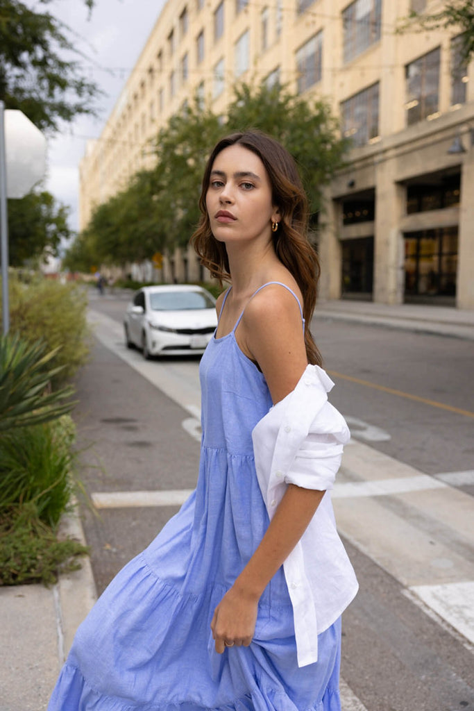 Cali1850 Women's Xs~xl Lined Tiered Sleeveless Linen Flare Maxi Dress with Adjustable Spaghetti Strap, Blue