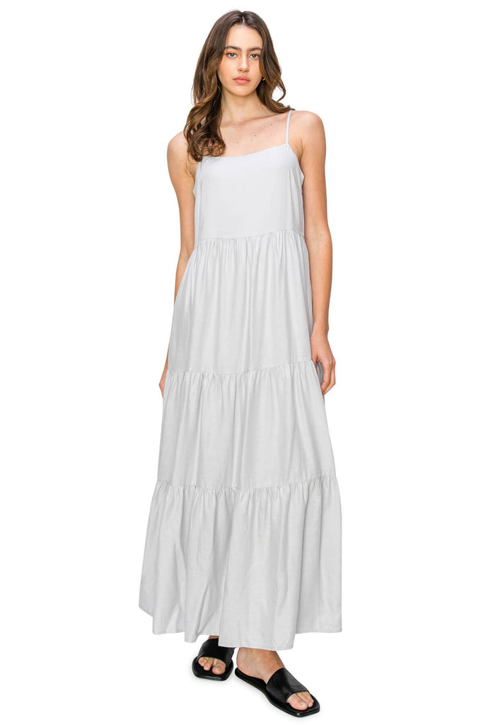 Cali1850 Women's Xs~xl Lined Tiered Sleeveless Linen Flare Maxi Dress with Adjustable Spaghetti Strap