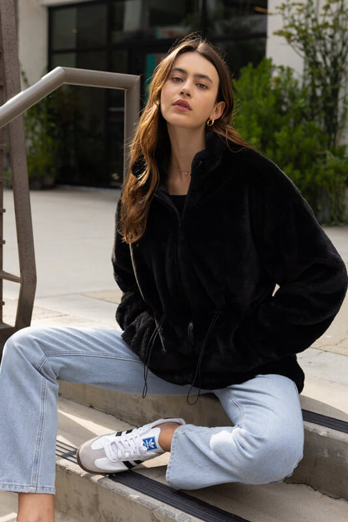 Fluffy Faux Fur Zip Front Drawstring Jacket