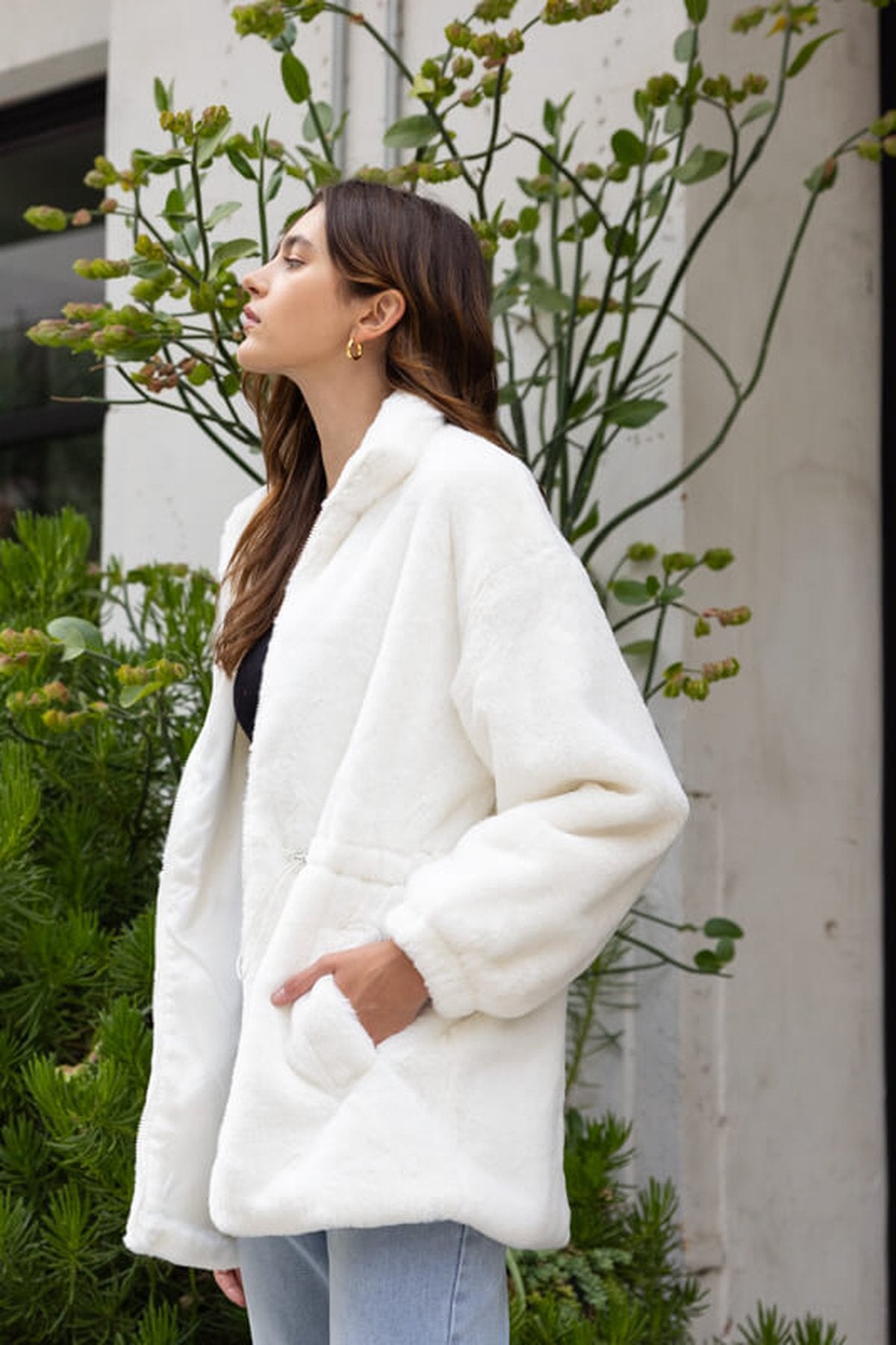 Fluffy Faux Fur Zip Front Drawstring Jacket