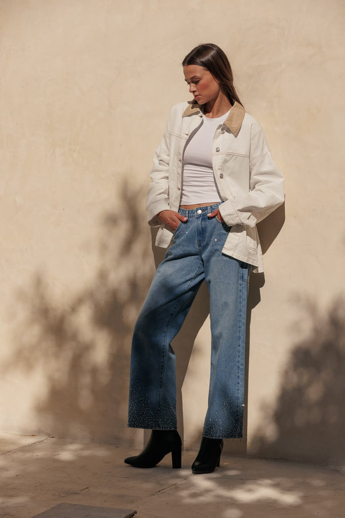 Oversized Denim Jacket with Corduroy Collar and Boxy Fit