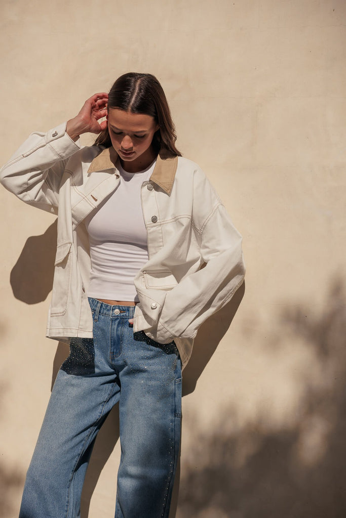 Oversized Denim Jacket with Corduroy Collar and Boxy Fit
