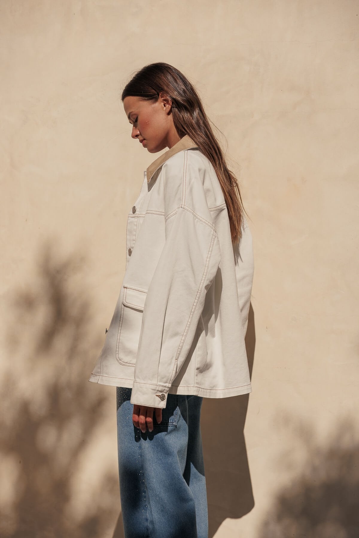 Oversized Denim Jacket with Corduroy Collar and Boxy Fit