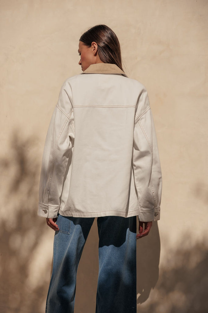 Oversized Denim Jacket with Corduroy Collar and Boxy Fit