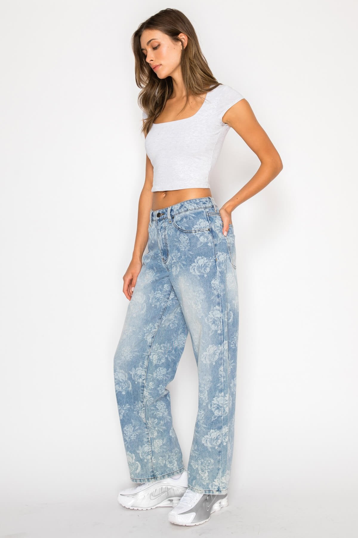 Tonal Floral Print Low Rise Baggy Jeans