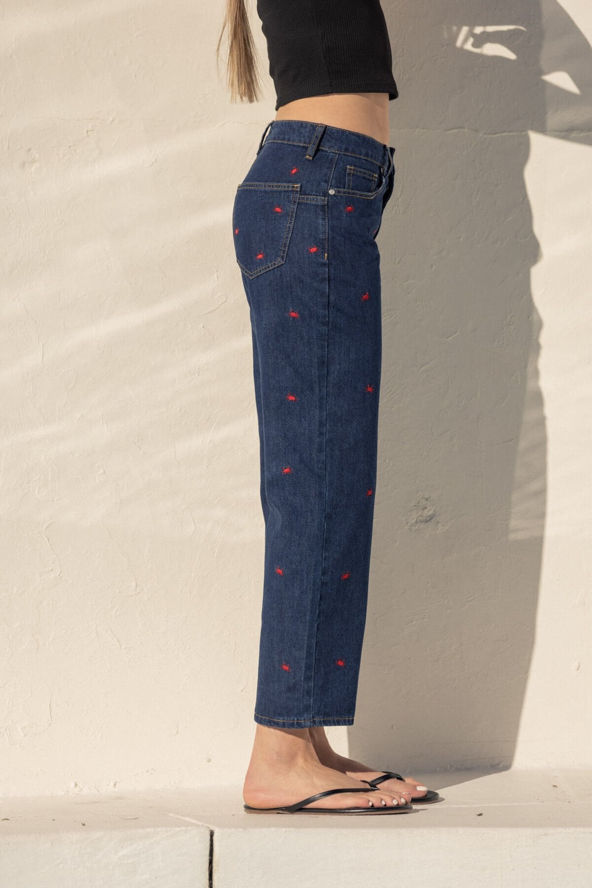Crab Embroidered Low Rise Straight Leg Jeans