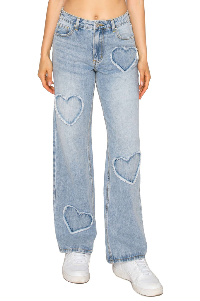 Heart Embroidery Low Rise Baggy Jeans