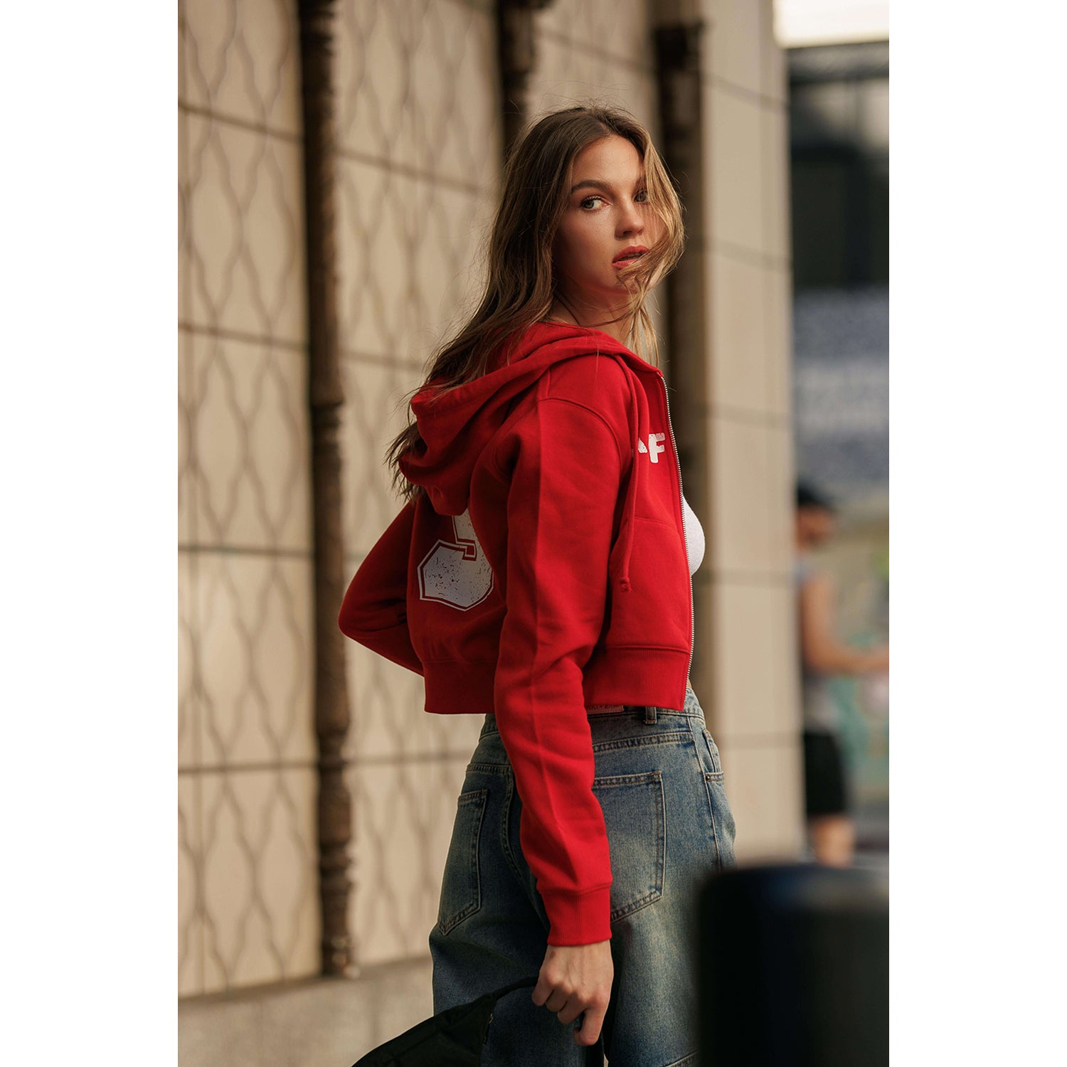 California Print Cropped Zip Up Hoodie - Red