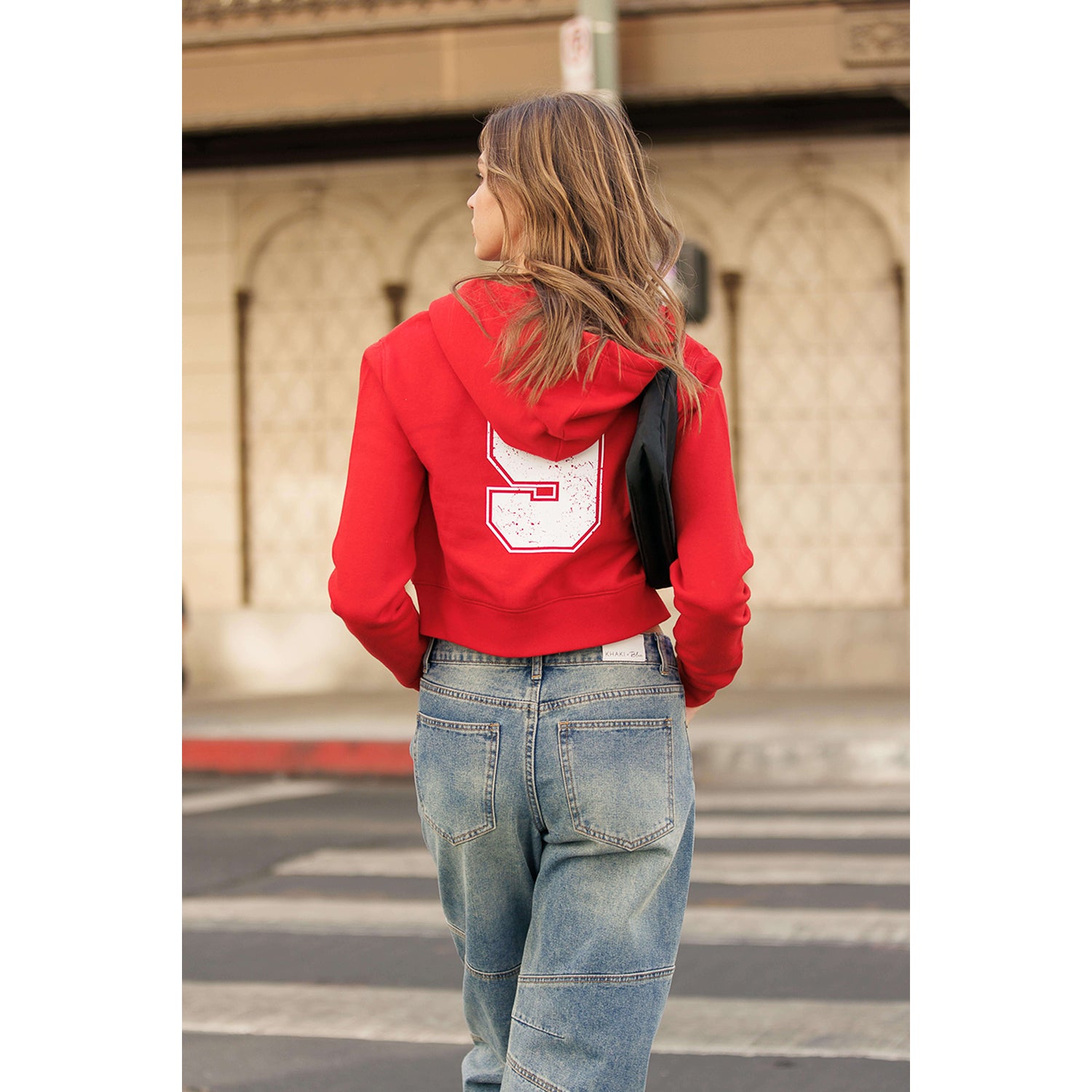 California Print Cropped Zip Up Hoodie - Red