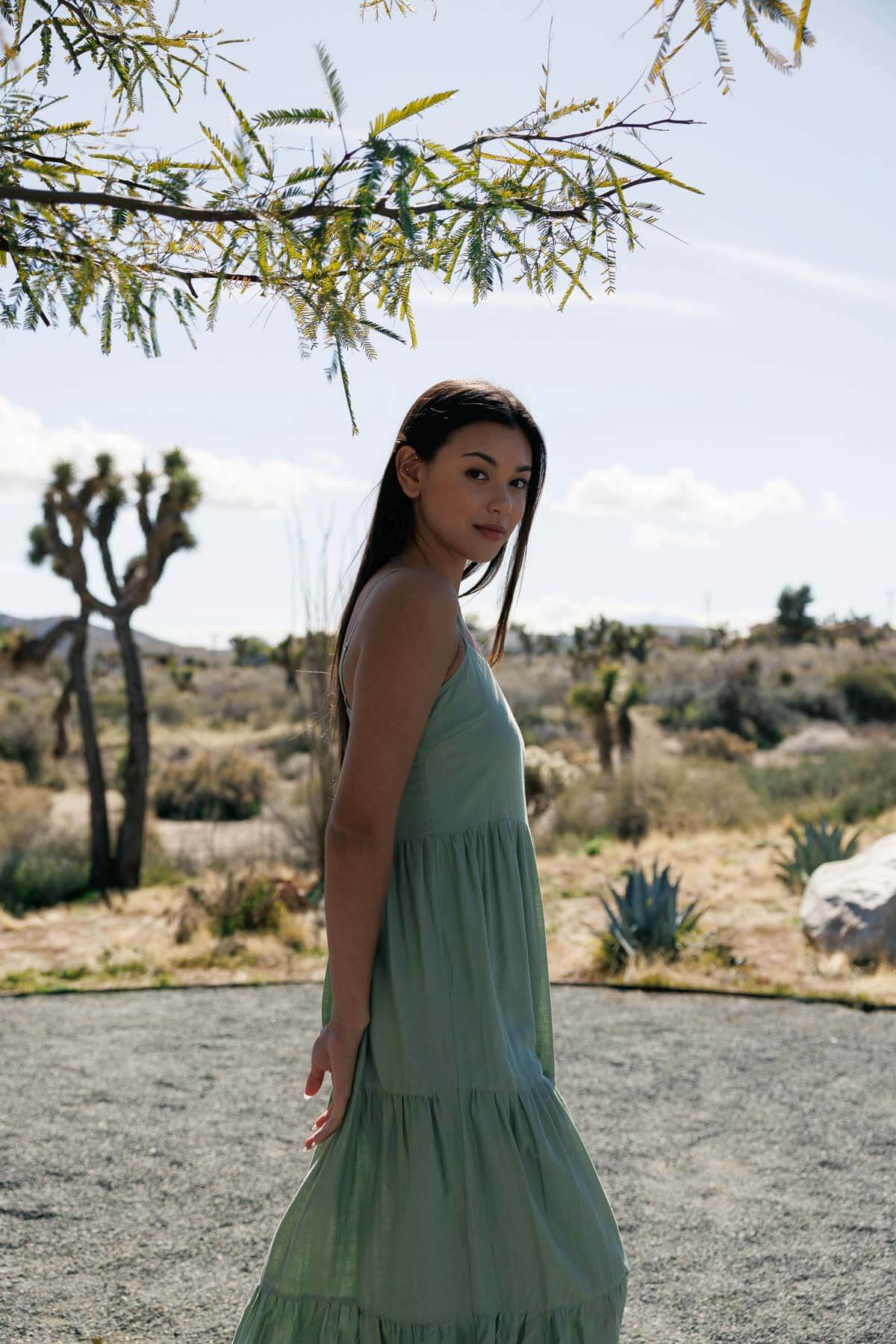 Flowy Tiered Sleeveless Maxi Linen Dress - Sage Flowy Tiered Sleeveless Maxi Linen Dress - Sage