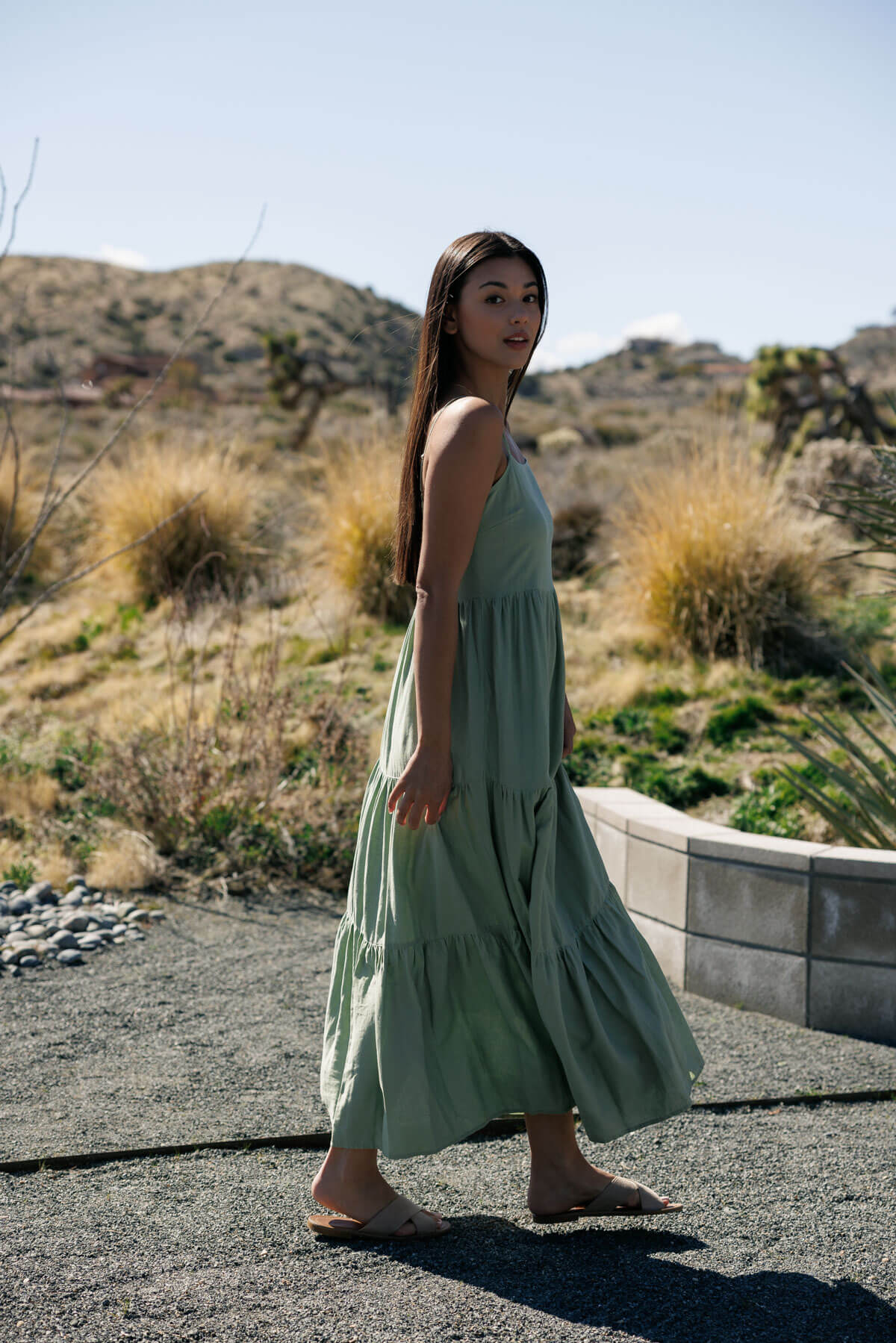 Flowy Tiered Sleeveless Maxi Linen Dress - Sage Sage / M Flowy Tiered Sleeveless Maxi Linen Dress - Sage Sage / M
