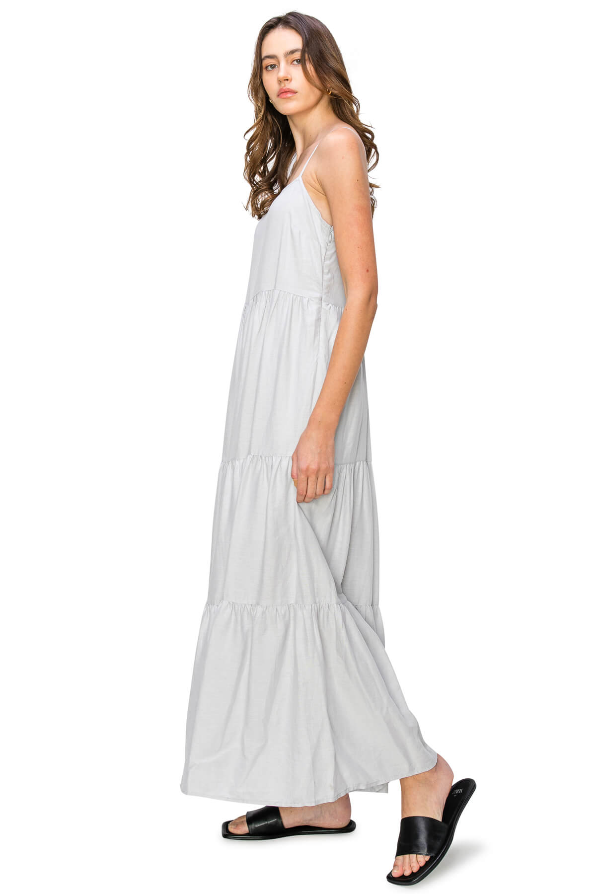Cali1850 Women's Xs~xl Lined Tiered Sleeveless Linen Flare Maxi Dress with Adjustable Spaghetti Strap