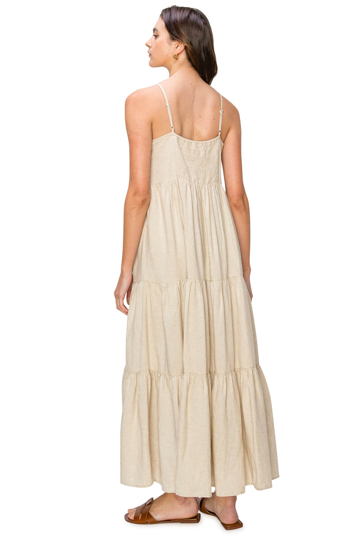 Flowy Tiered Sleeveless Maxi Linen Dress - Oatmeal Oatmeal / S Flowy Tiered Sleeveless Maxi Linen Dress - Oatmeal Oatmeal / S