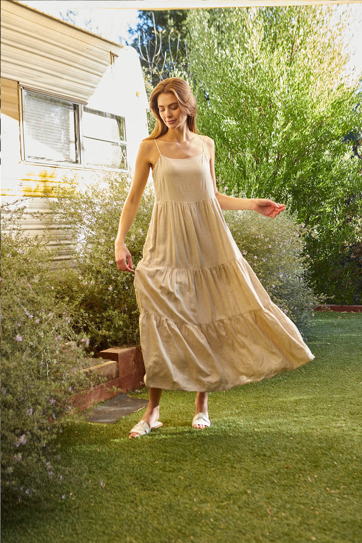 chinese dress ladies Cali1850 Women's Xs~xl Lined Tiered Sleeveless Linen Flare Maxi Dress with Adjustable Spaghetti Strap