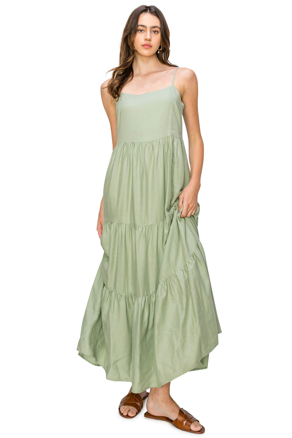 Flowy Tiered Sleeveless Maxi Linen Dress - Sage Sage / M Flowy Tiered Sleeveless Maxi Linen Dress - Sage Sage / M