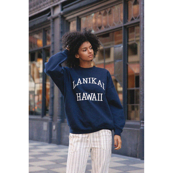 【ネイビー系（42）】Border Crewneck Sweater Lanikai Hawaii Embo Oversized Pullover Sweatshirt - Navy White
