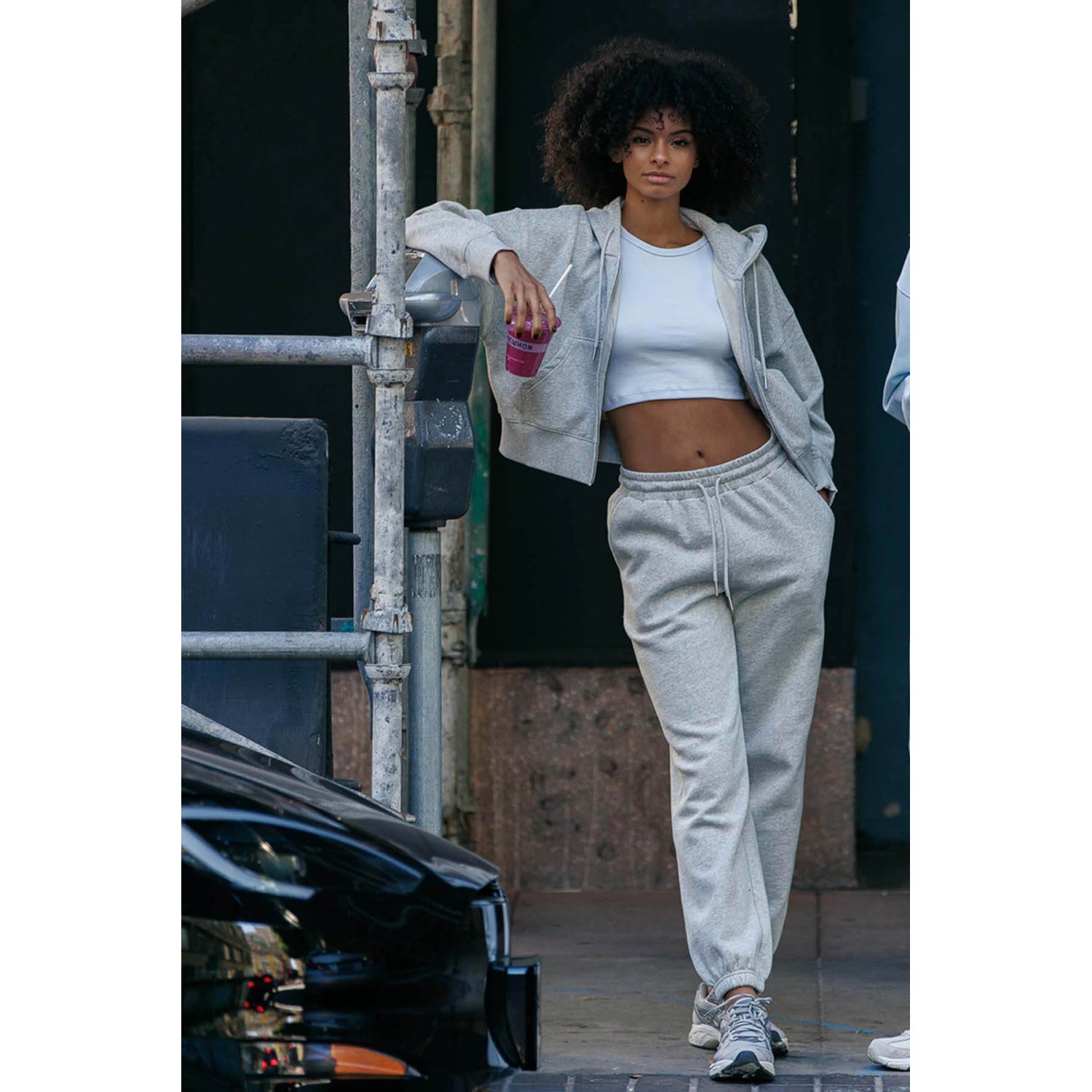 Logo Cropped Zip Up Sweatshirts & Jogger Sweatpants Set - Heather Grey