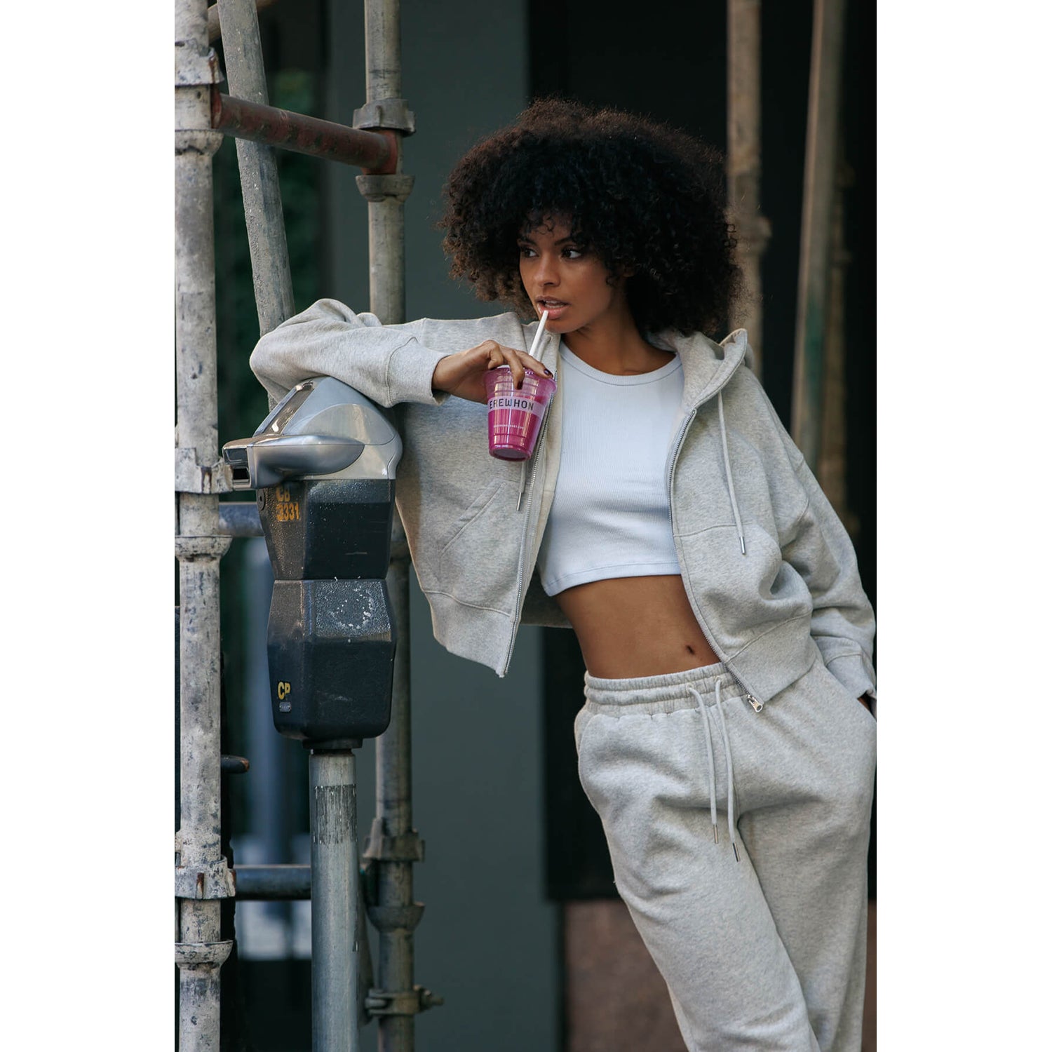 Logo Cropped Zip Up Sweatshirts & Jogger Sweatpants Set - Heather Grey