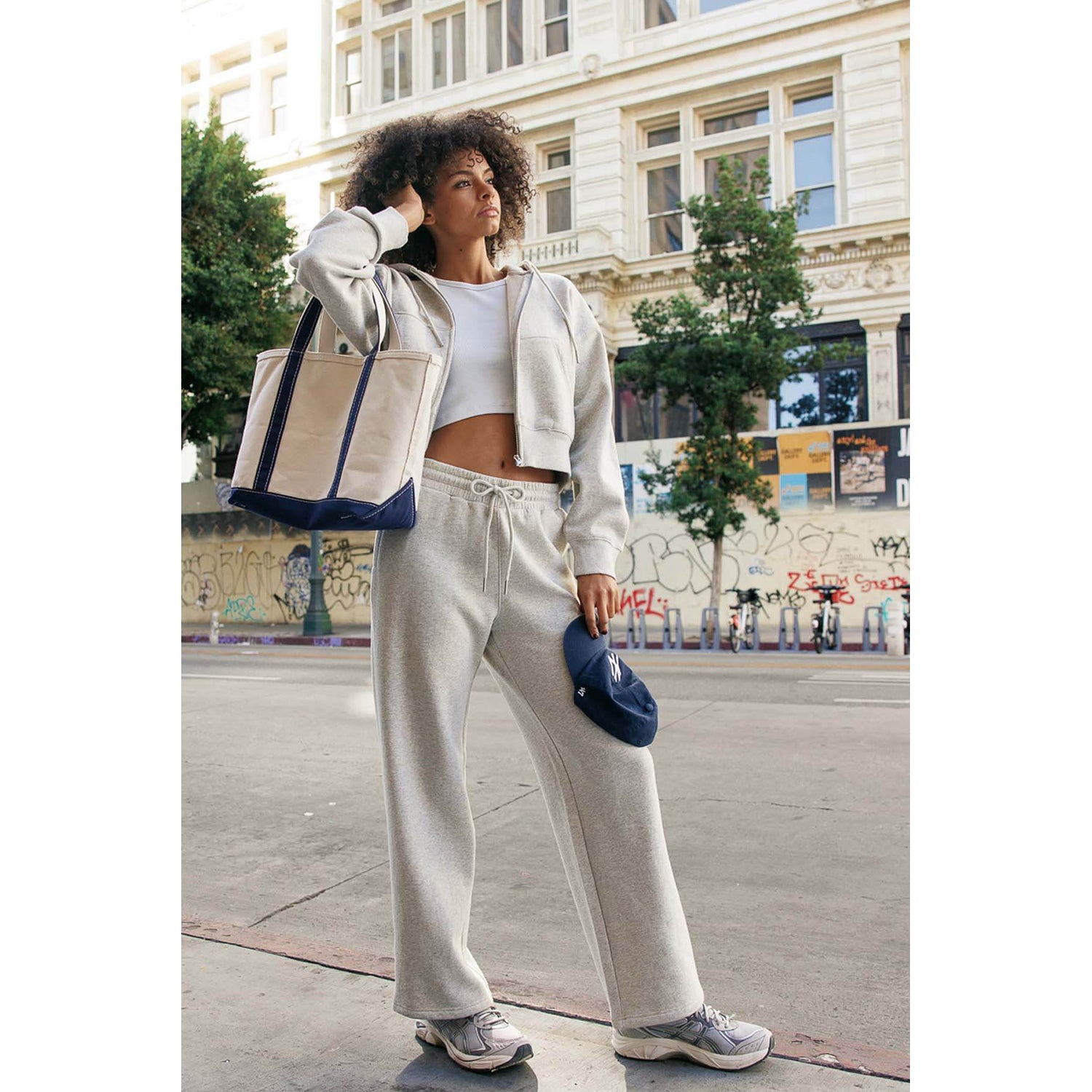 Logo Cropped Zip Up Sweatshirts & Wide-Leg Sweatpants Set - Heather Gr