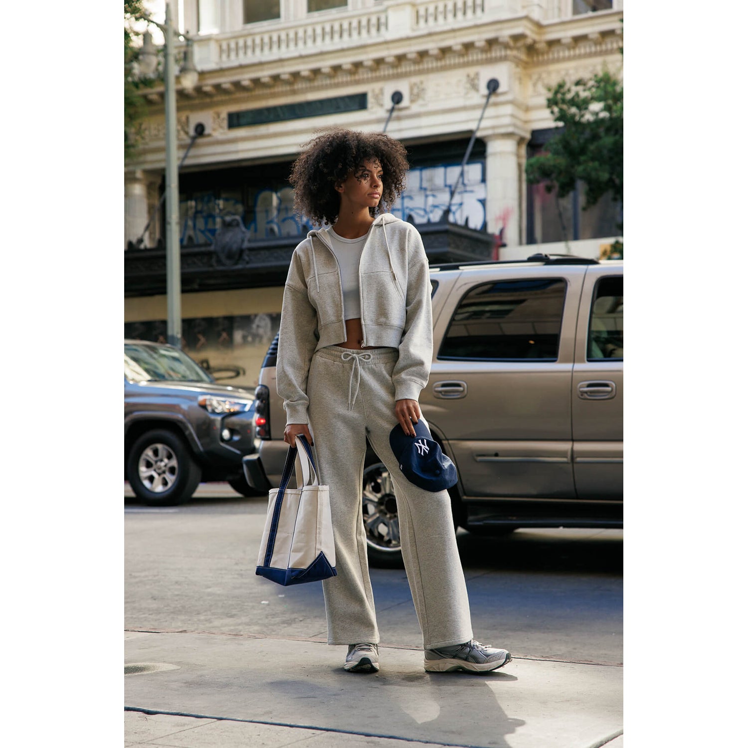 Logo Cropped Zip Up Sweatshirts & Wide-Leg Sweatpants Set - Heather Gr