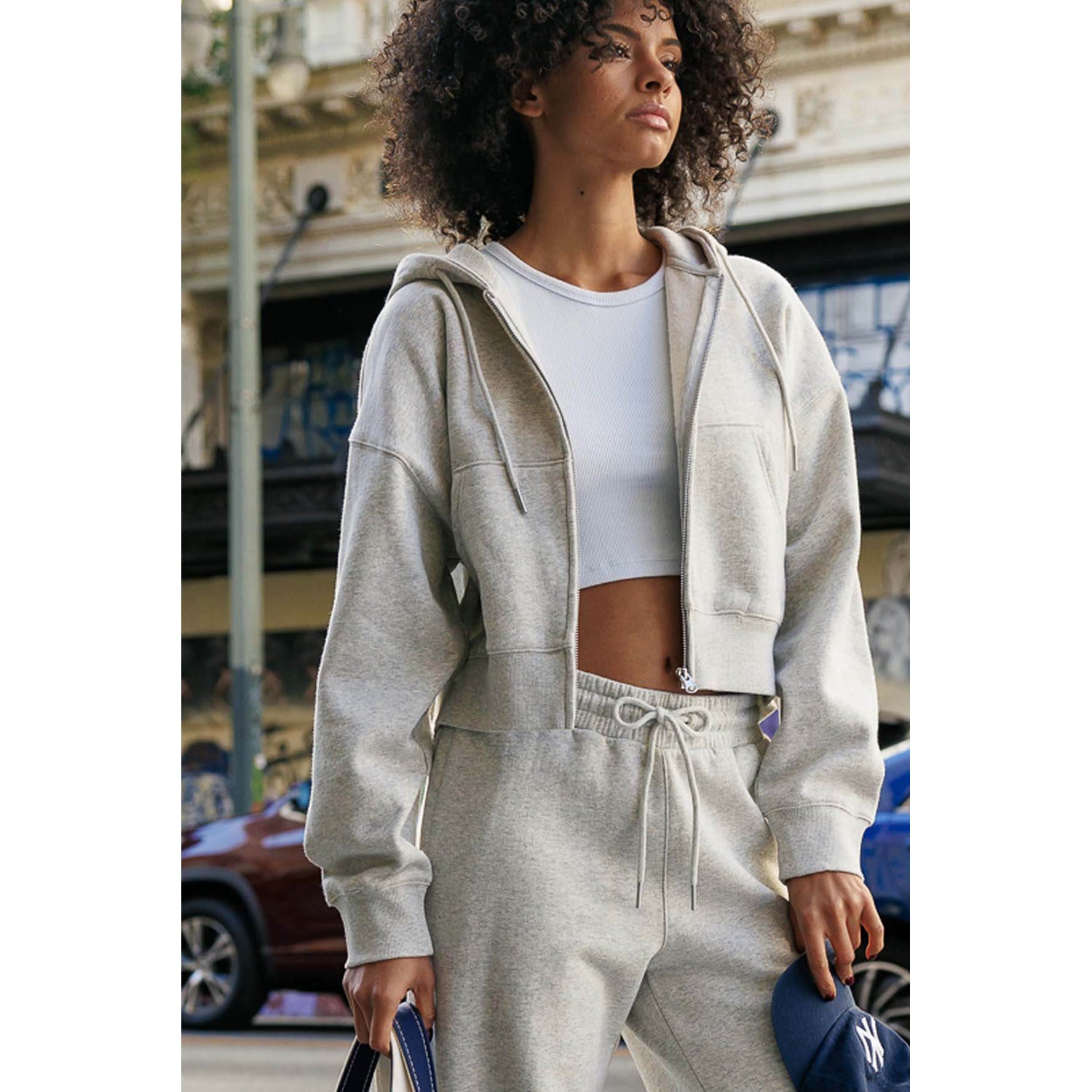 Logo Cropped Zip Up Sweatshirts & Wide-Leg Sweatpants Set - Heather Gr