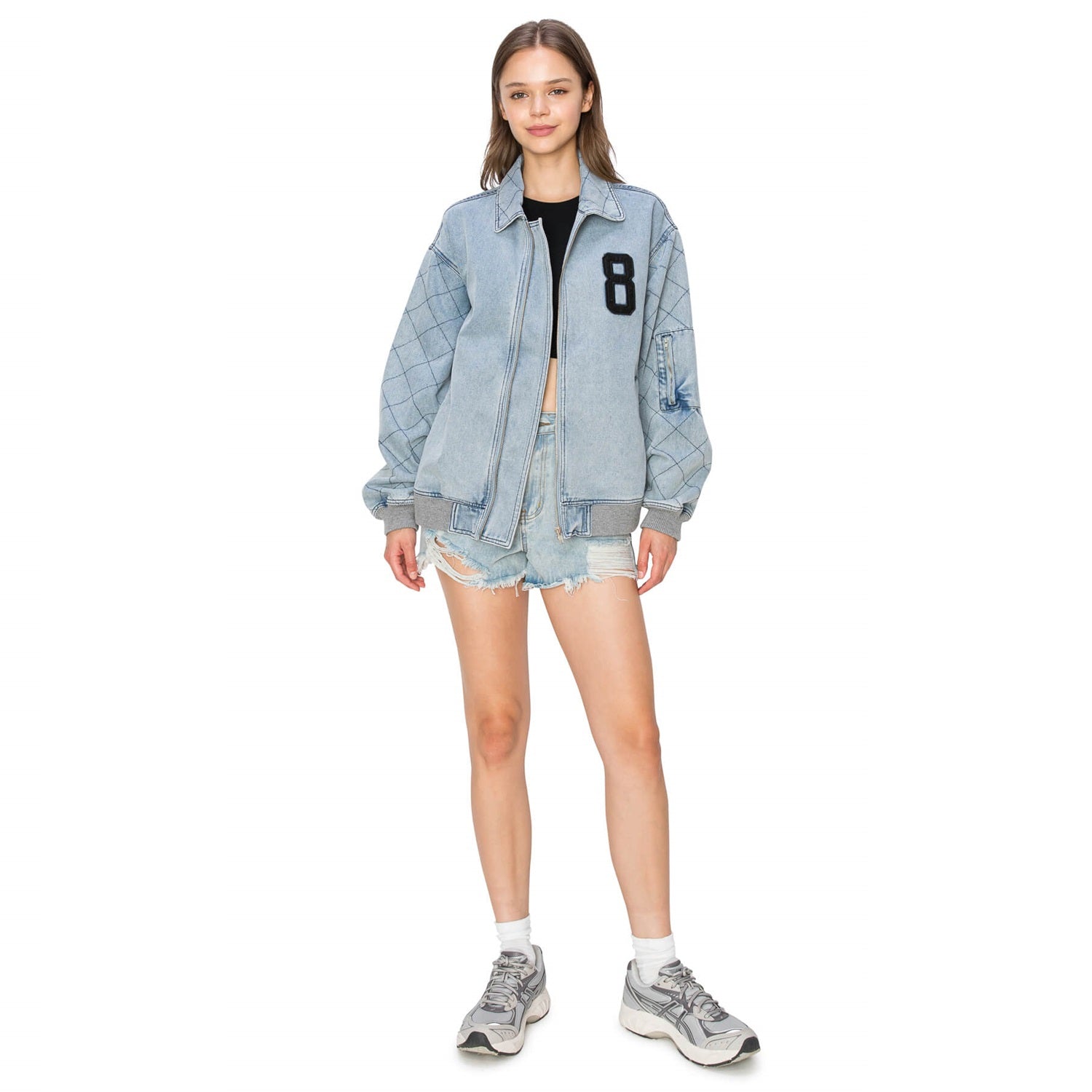 Over Sized Denim Bomber Jacket - Light Wash