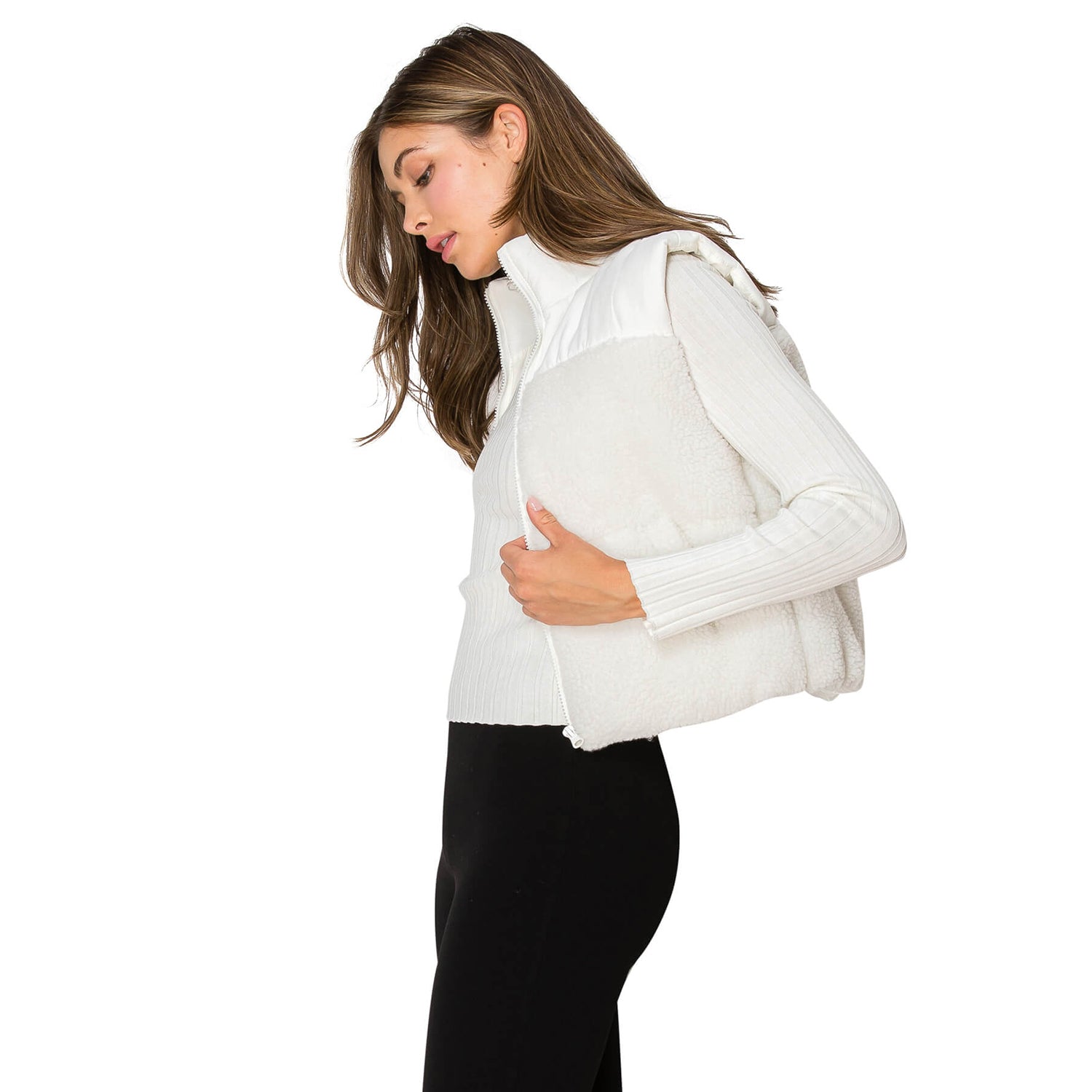 Sherpa Contrast Puffer Vest - Ivory