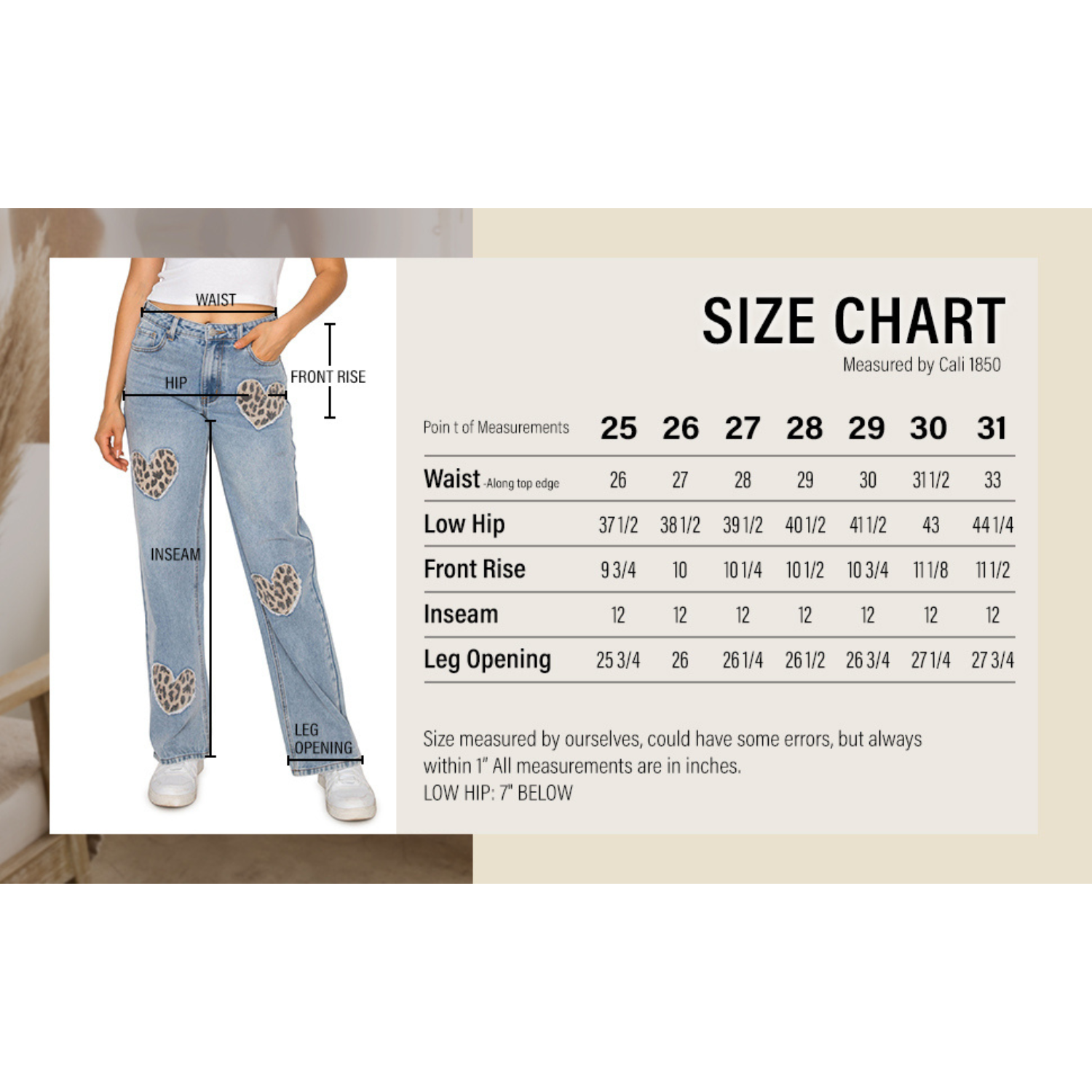 Leopard Heart Patched Low Rise Baggy Jeans - Light Wash