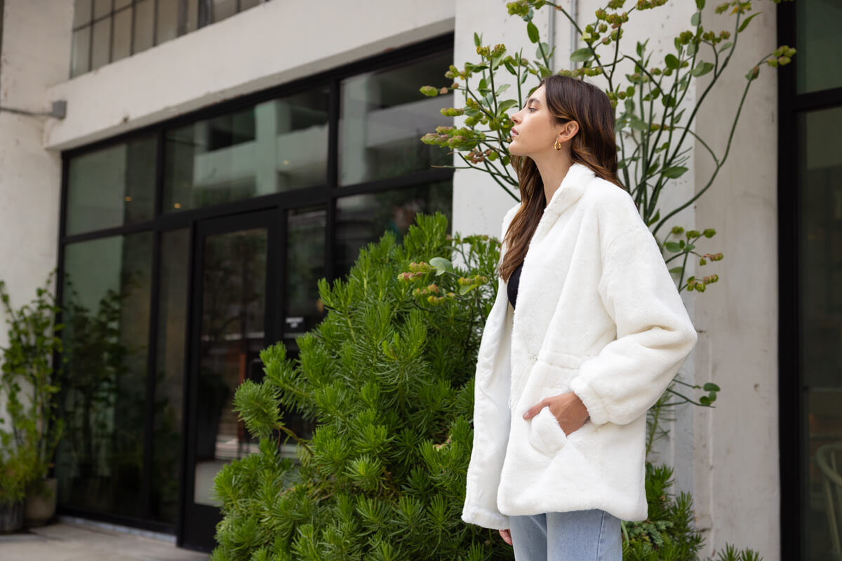 Fluffy Faux Fur Coat with Waist String - White