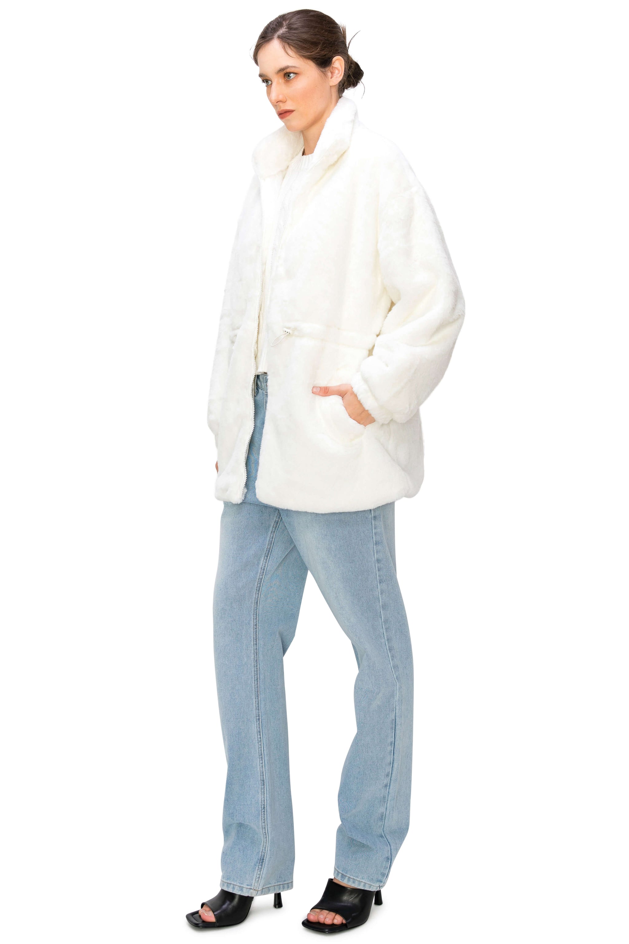 Fluffy Faux Fur Coat with Waist String - White