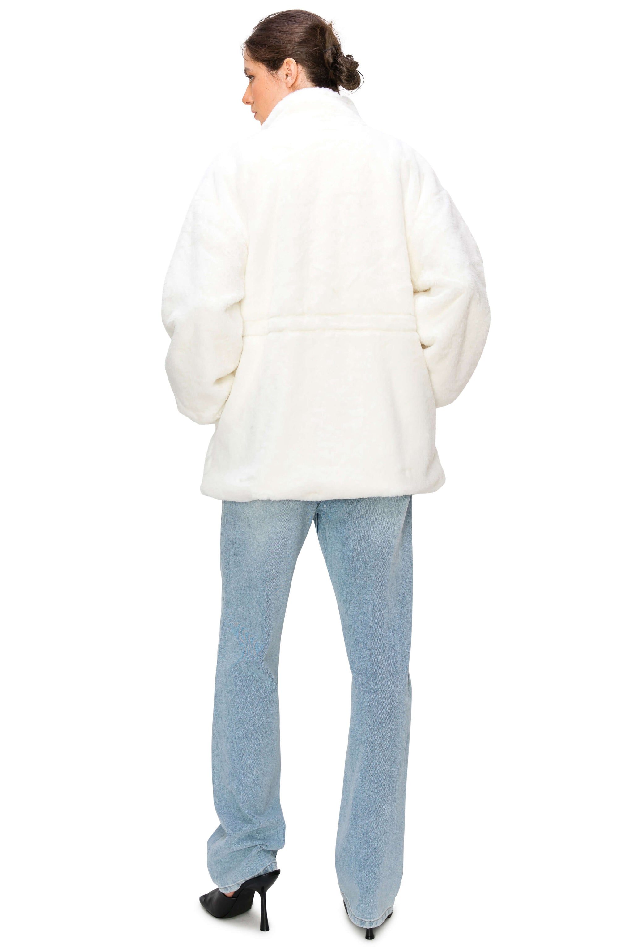 Fluffy Faux Fur Coat with Waist String - White
