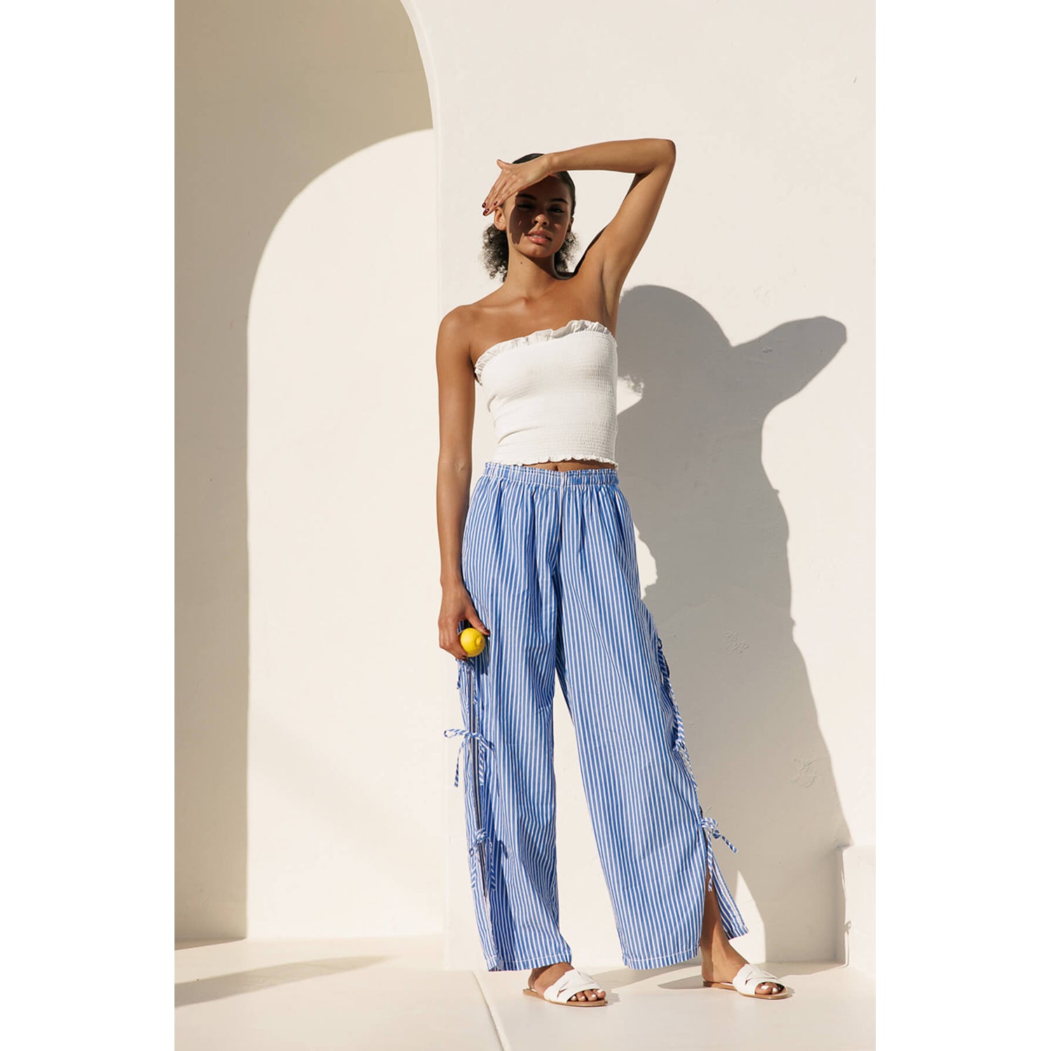 Striped Side Tie Pull-On Cotton Pants - Blue Stripe