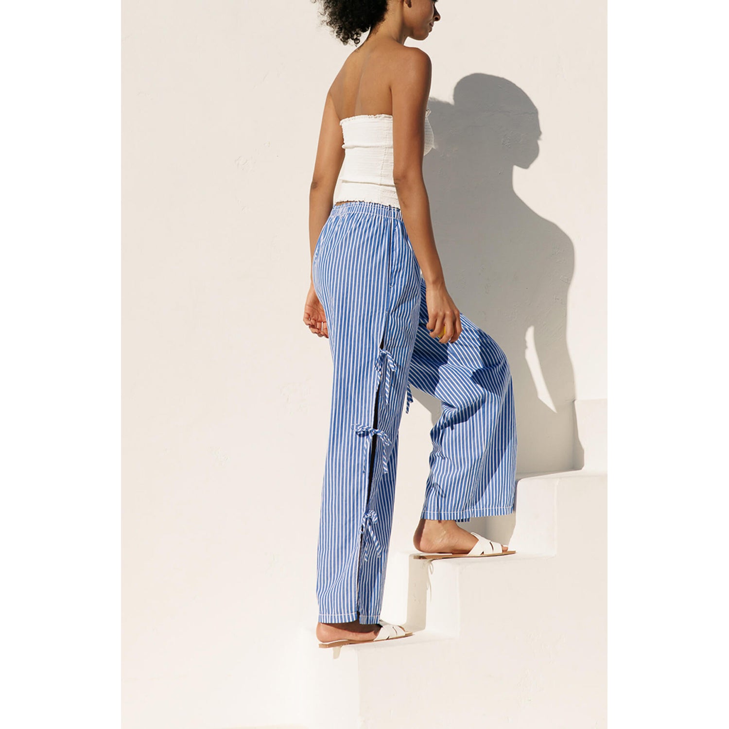 Striped Side Tie Pull-On Cotton Pants - Blue Stripe