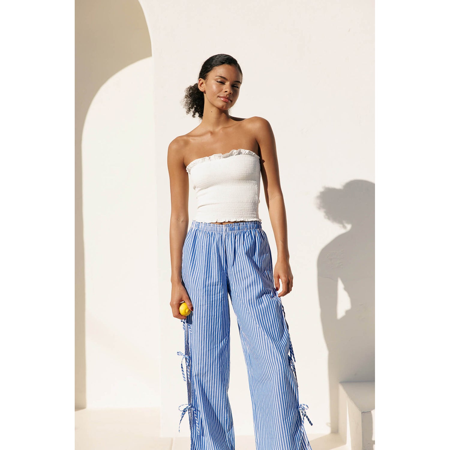 Striped Side Tie Pull-On Cotton Pants - Blue Stripe