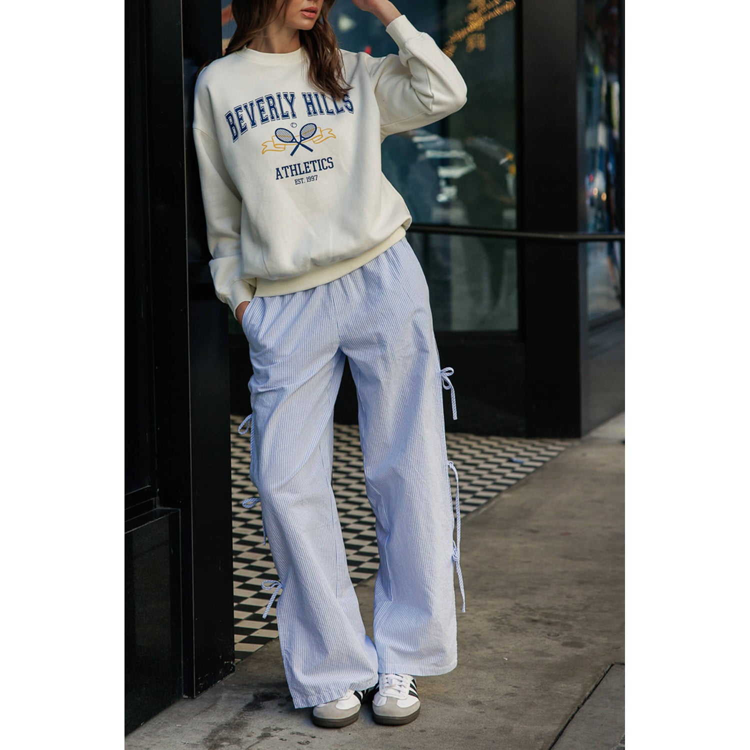 Striped Side Tie Pull-On Cotton Pants - Light Blue