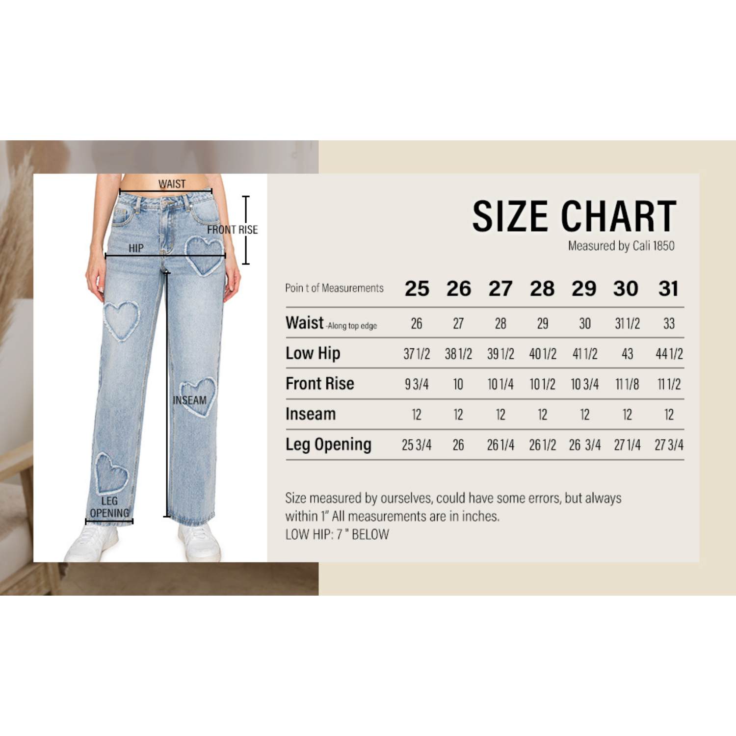 Heart Patched Low Rise Baggy Jeans Light Wash