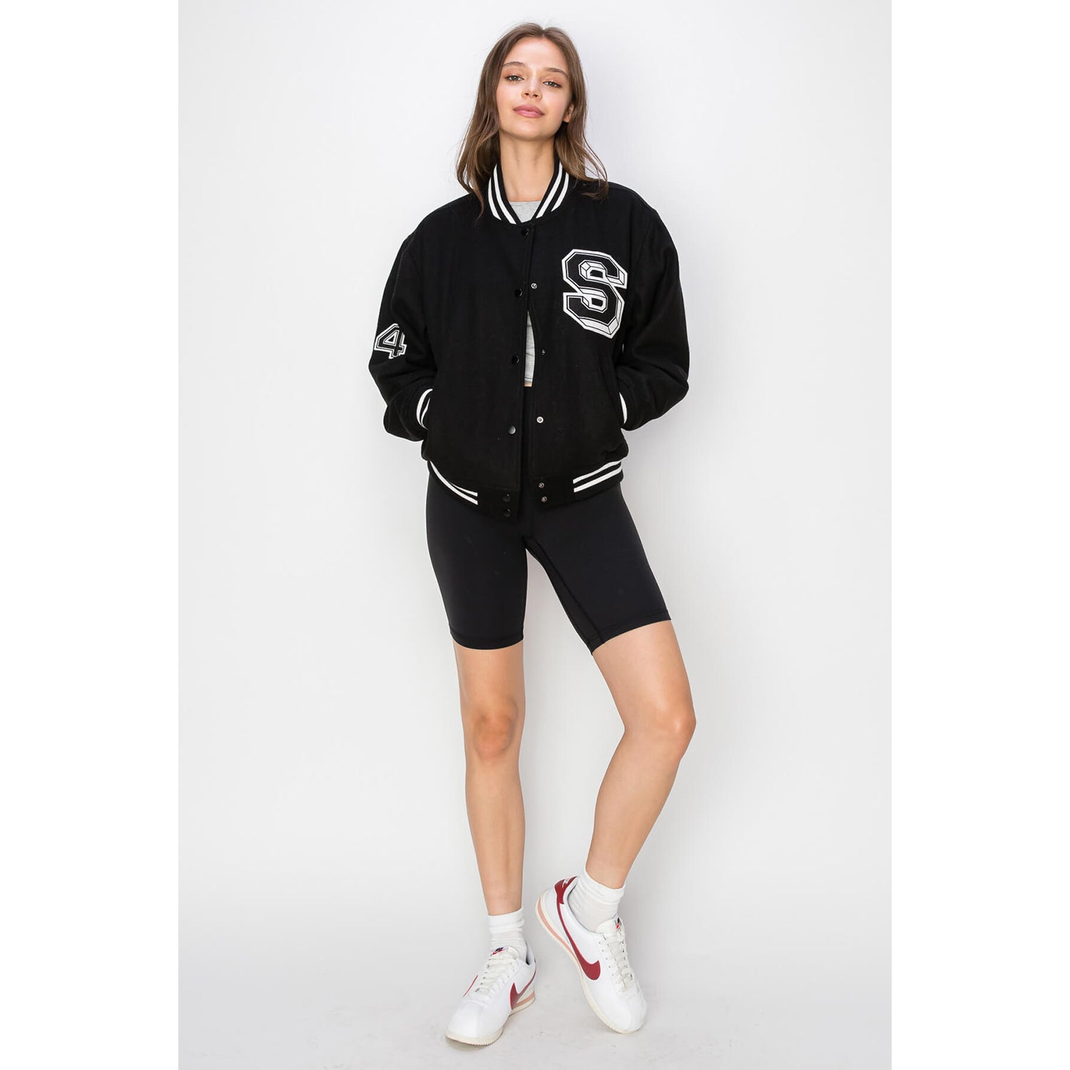 Varsity S Patch Bomber Jacket - Black