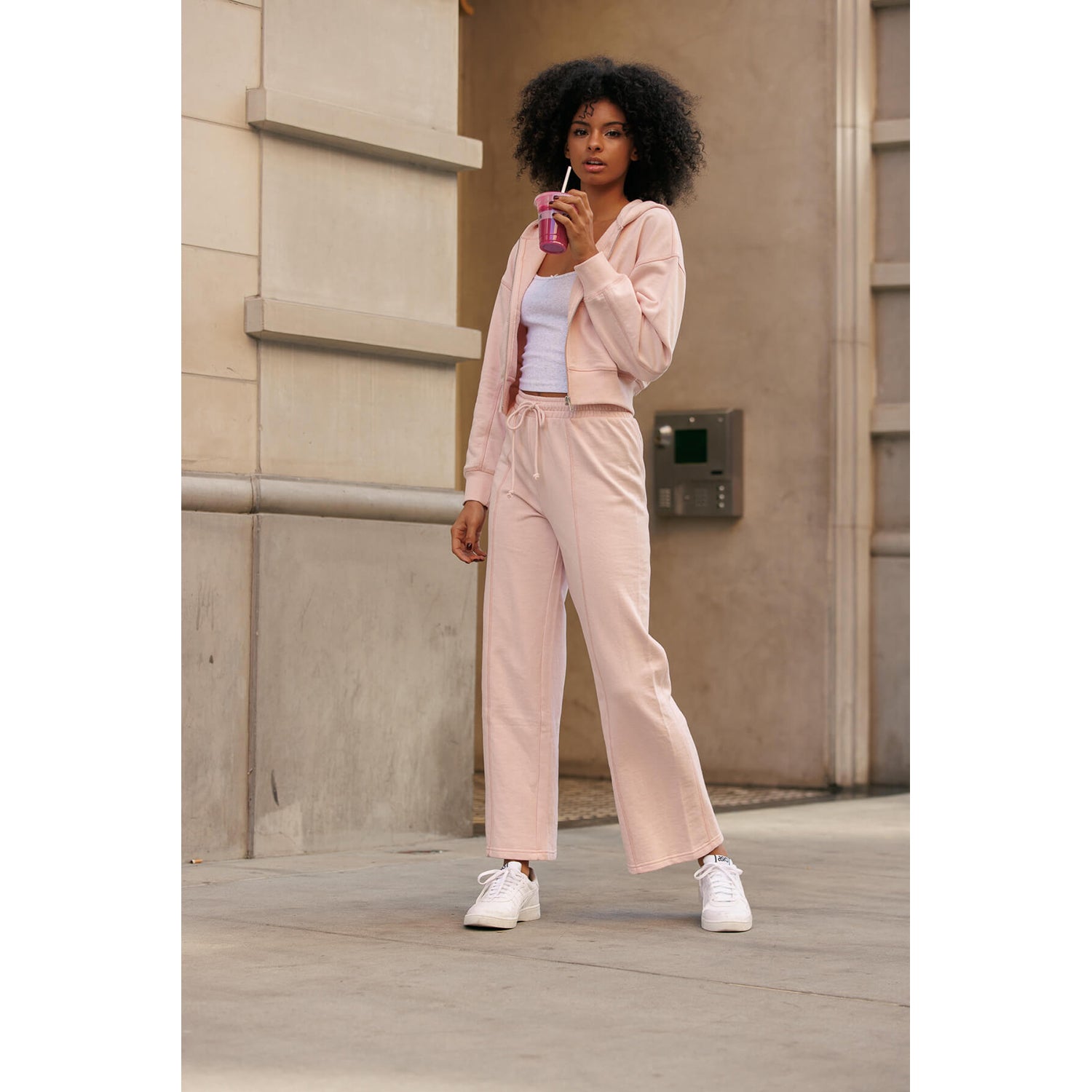 Vintage Washing Cropped Zip-Up Hoodie Sweatshirts - Chalk Pink