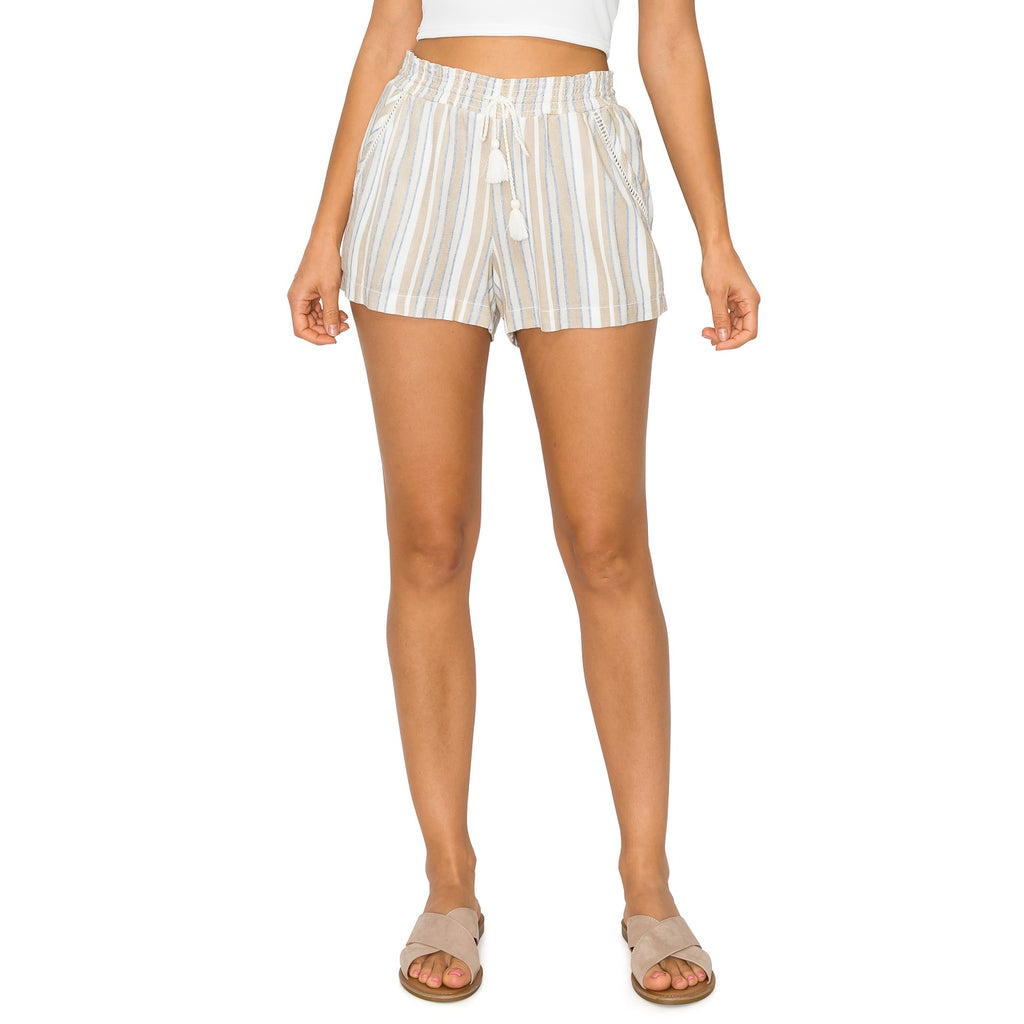 Tassel Drawstring Smocked Waist Linen Shorts - Khaki White - cali1850shop