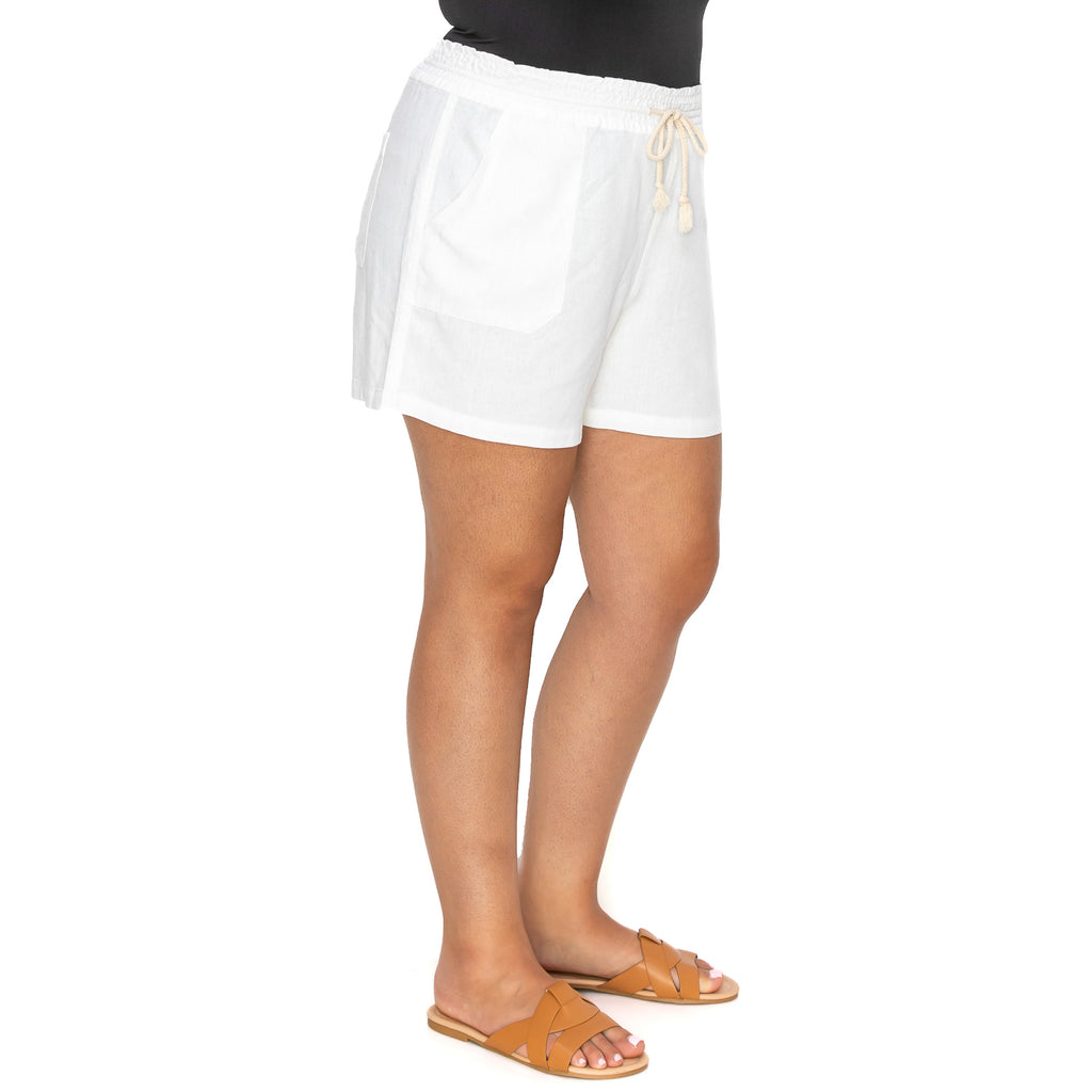 [Plus Size] Drawstring Smocked Waist Oceanside Lounge Beach Shorts with Pockets - White - cali1850shop