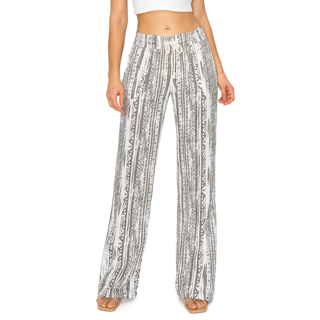 Linen Pants 32" Inseam Drawstring Smocked Waist Printed Beach Pants - Grey Aztec - cali1850shop