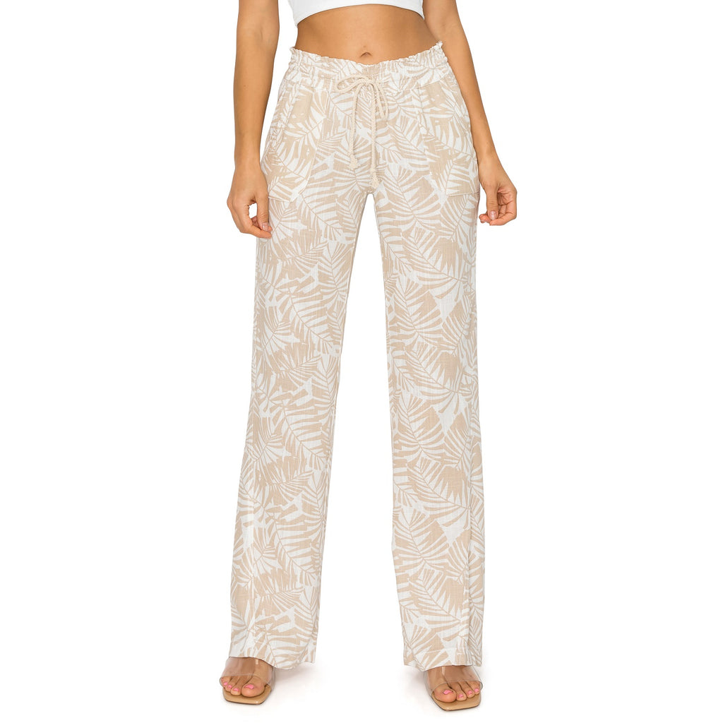 Linen Pants 32" Inseam Drawstring Smocked Waist Printed Beach Pants - Taupe White - cali1850shop