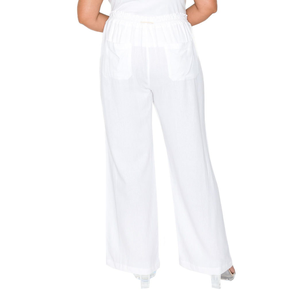[Plus Size] Linen Pants 32" Inseam Drawstring Smocked Waist Beach Pants - White - cali1850shop